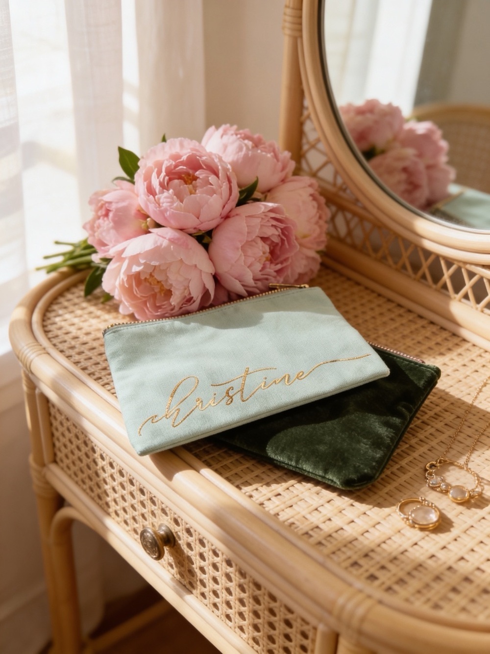 Personalized Mint and Forest Green Zipper Pouch with Gold Script-Christine